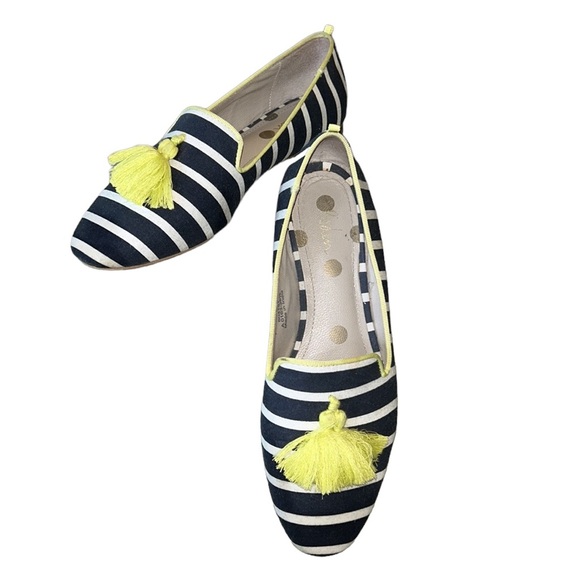 Boden Rowan Navy Blue Striped Yellow Tassel Slipper Loafers - 38.5 / 7.5 - Picture 3 of 16